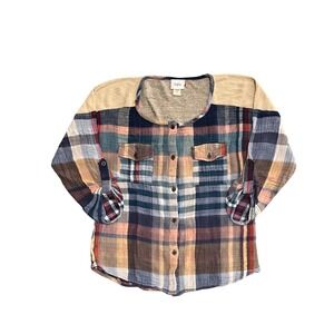 Daytrip Womens Plaid Boho Western Roll Tab Sleeve Button Shirt Casual Top Size S